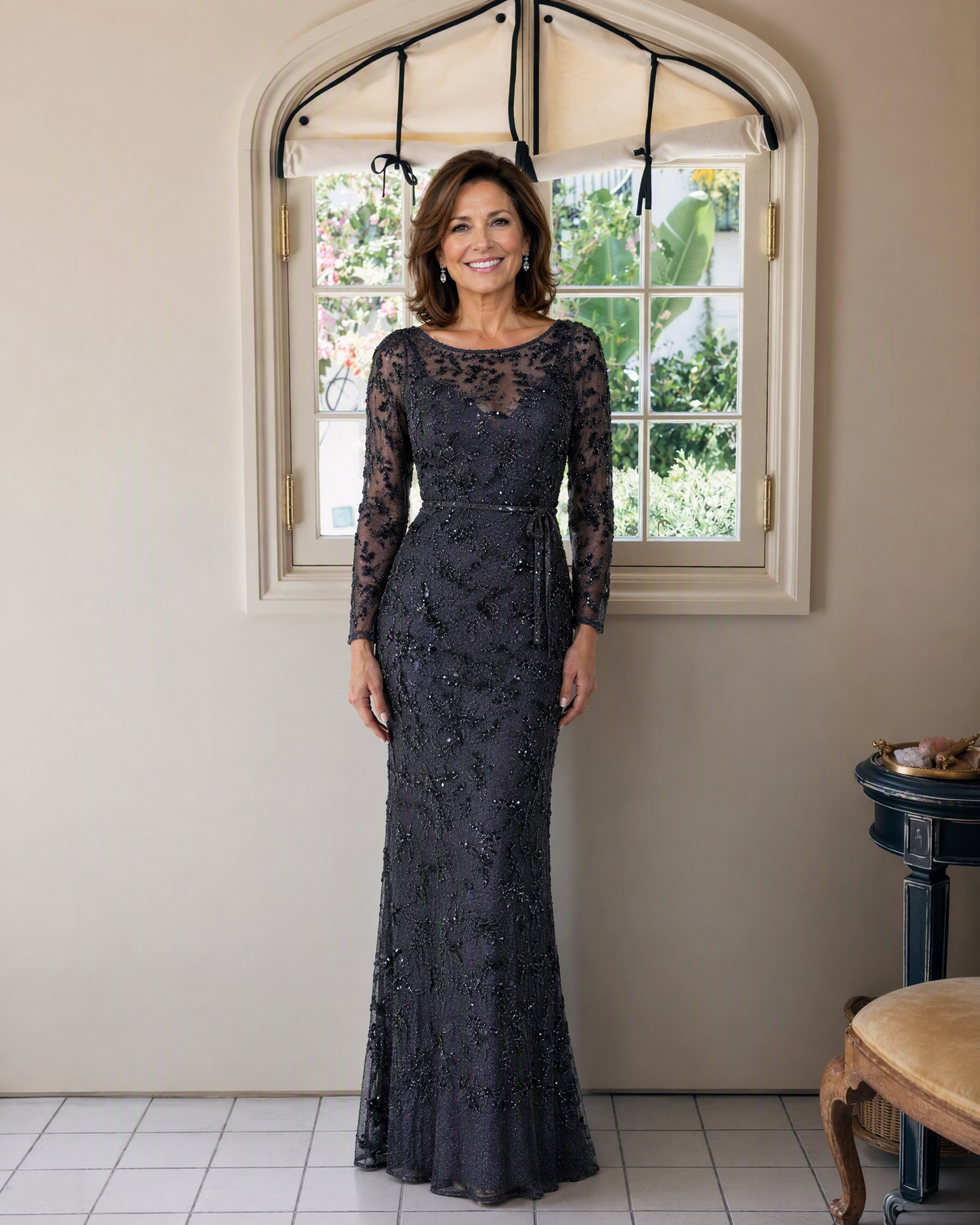 Illusion Lace Long Sleeve Sheath Mother of the Bride Dress - front full-length view