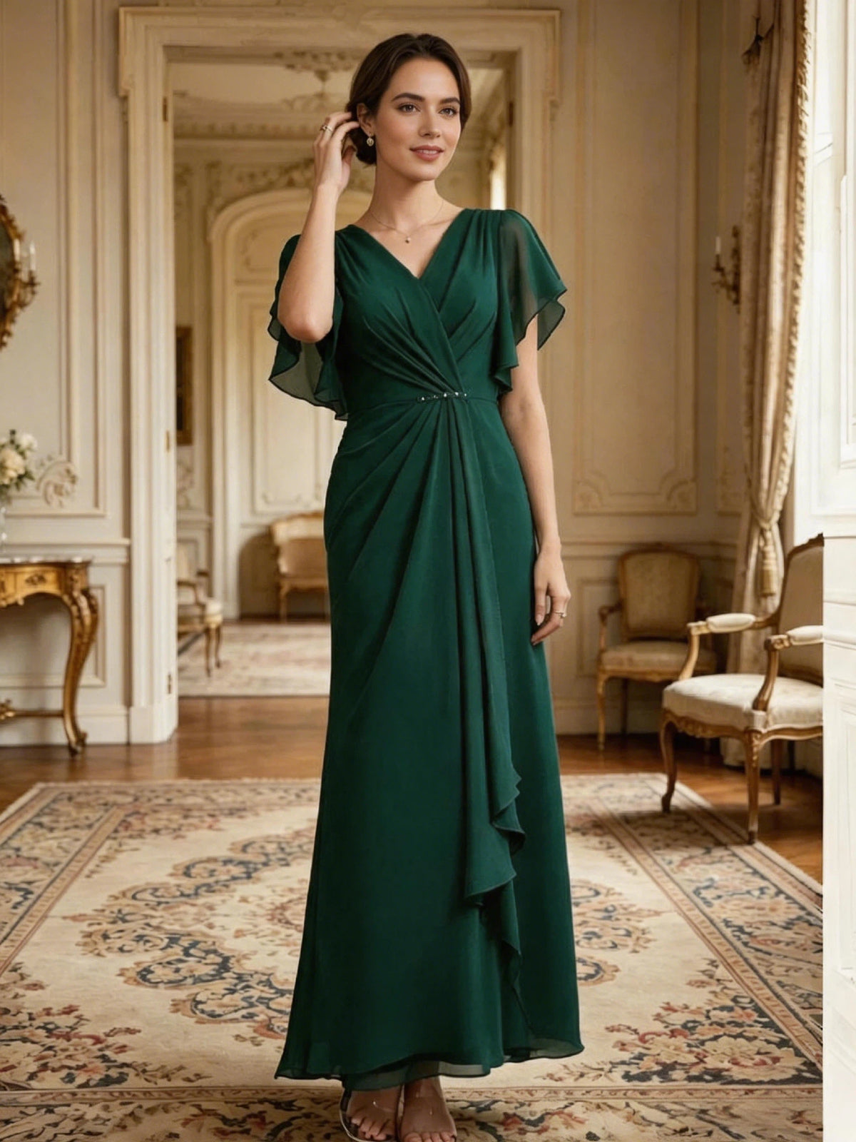 long chiffon mother of the bride A-line gown with V-neck, flutter sleeves, and beaded waist detail