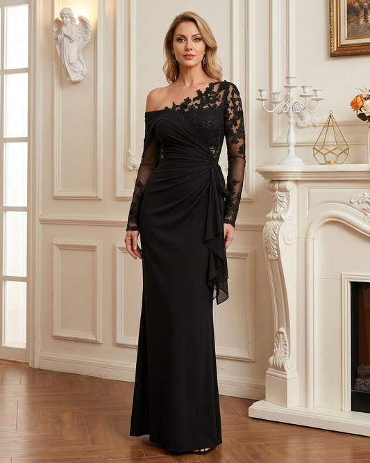 one shoulder long mother of the bride gown with lace illusion sleeve, mermaid skirt, and draped ruffle