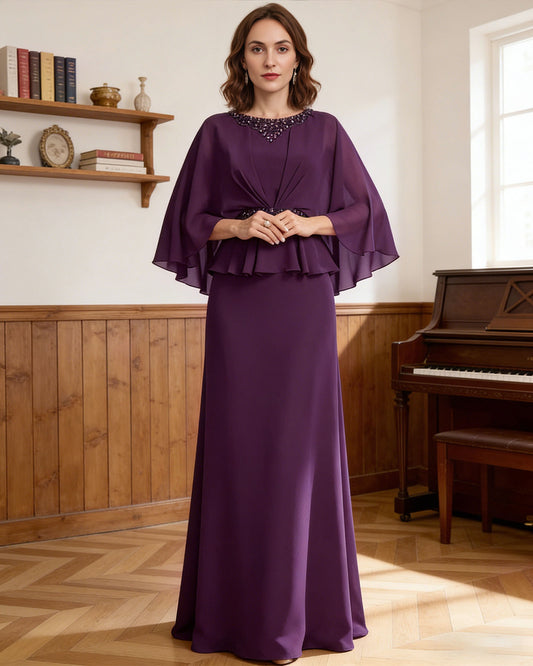 long capelet mother of the bride dress with beaded neckline, peplum overlay, and floor length chiffon skirt