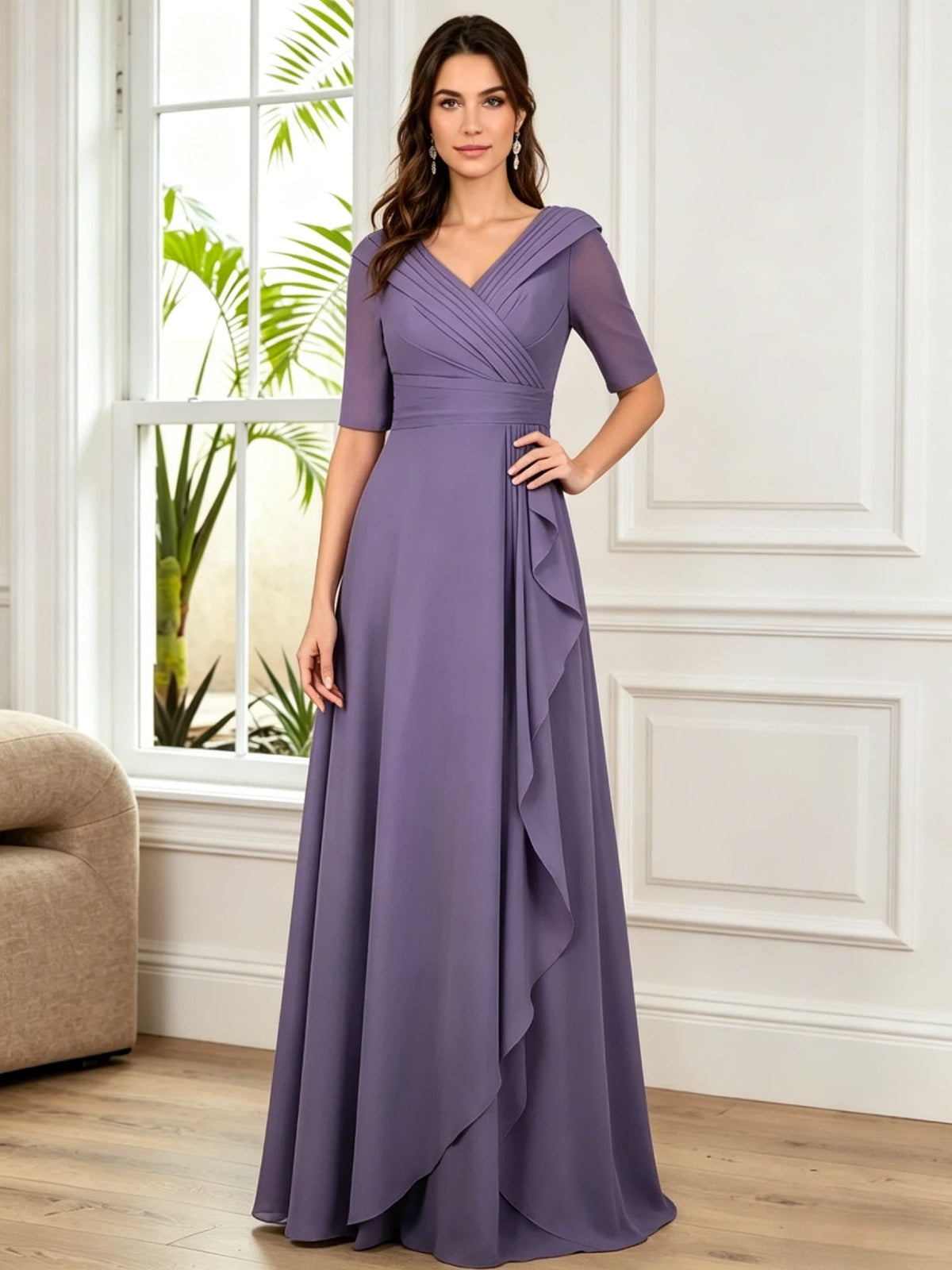 long V-neck chiffon mother of the bride dress with half sleeves, pleated bodice, and side ruffle