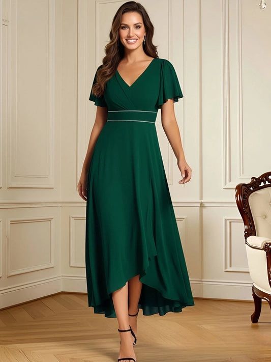 high low mother of the bride dress with V-neck, flutter sleeves, and flowing chiffon skirt
