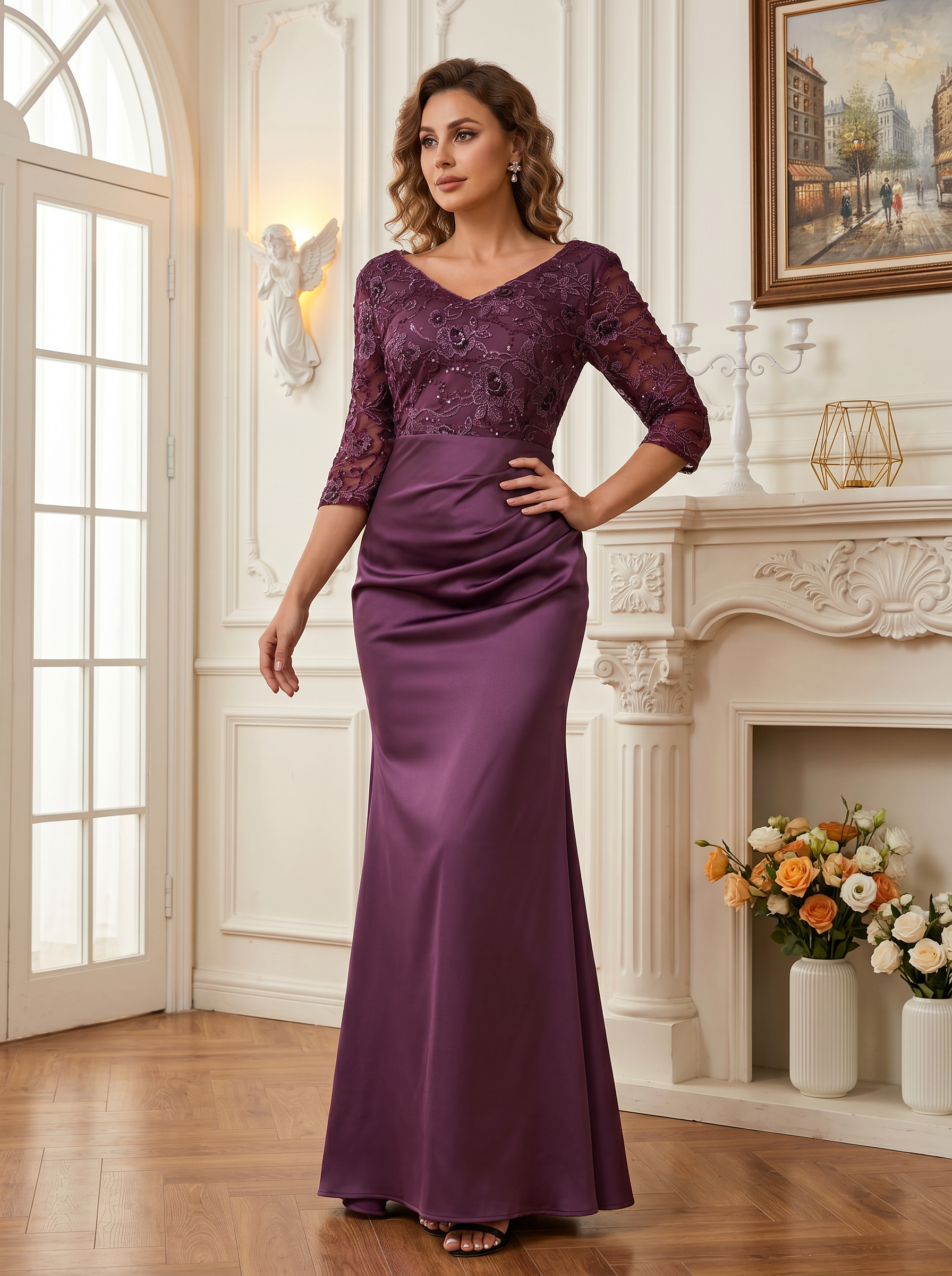 long lace mermaid mother of the bride dress with draped waist detail and fitted satin skirt