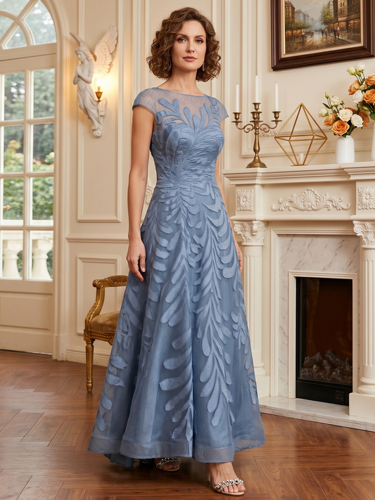 long embroidered tulle mother of the bride A-line dress with illusion neckline and cap sleeves