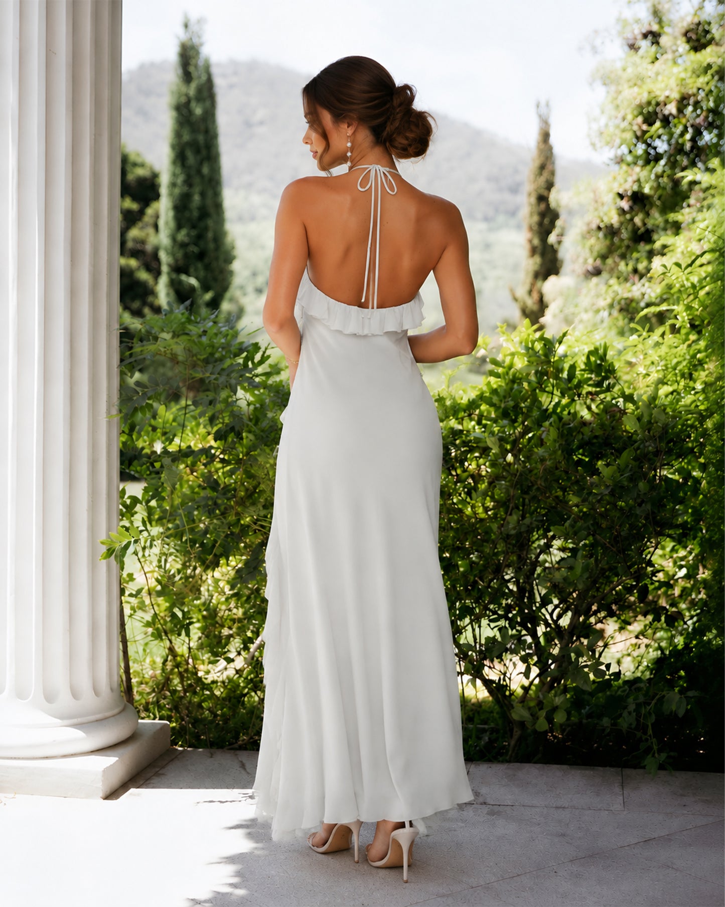 halter neck chiffon bridesmaid dress with ruffle high-low hem - open-back halter view