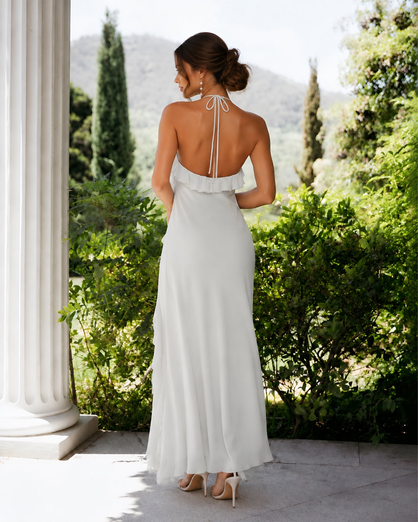 halter neck chiffon bridesmaid dress with ruffle high-low hem - open-back halter view