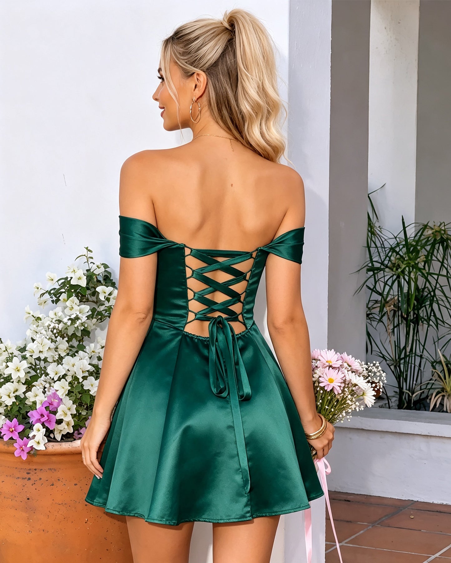 emerald off-shoulder satin A-line homecoming dress with lace-up back - back view