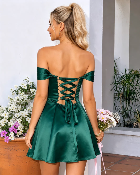 emerald off-shoulder satin A-line homecoming dress with lace-up back - back view