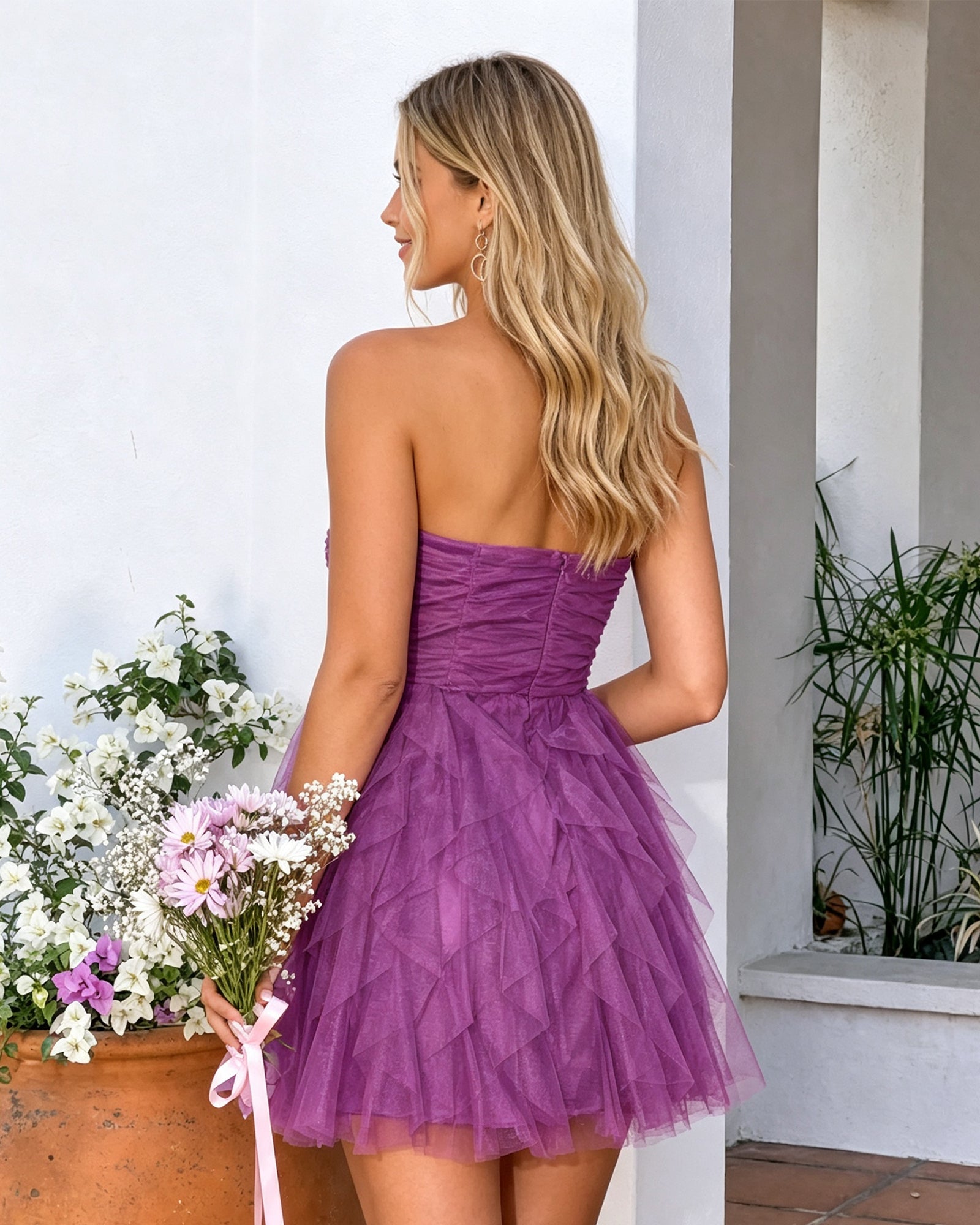 purple strapless ruched tulle ruffle A-line homecoming dress - back view