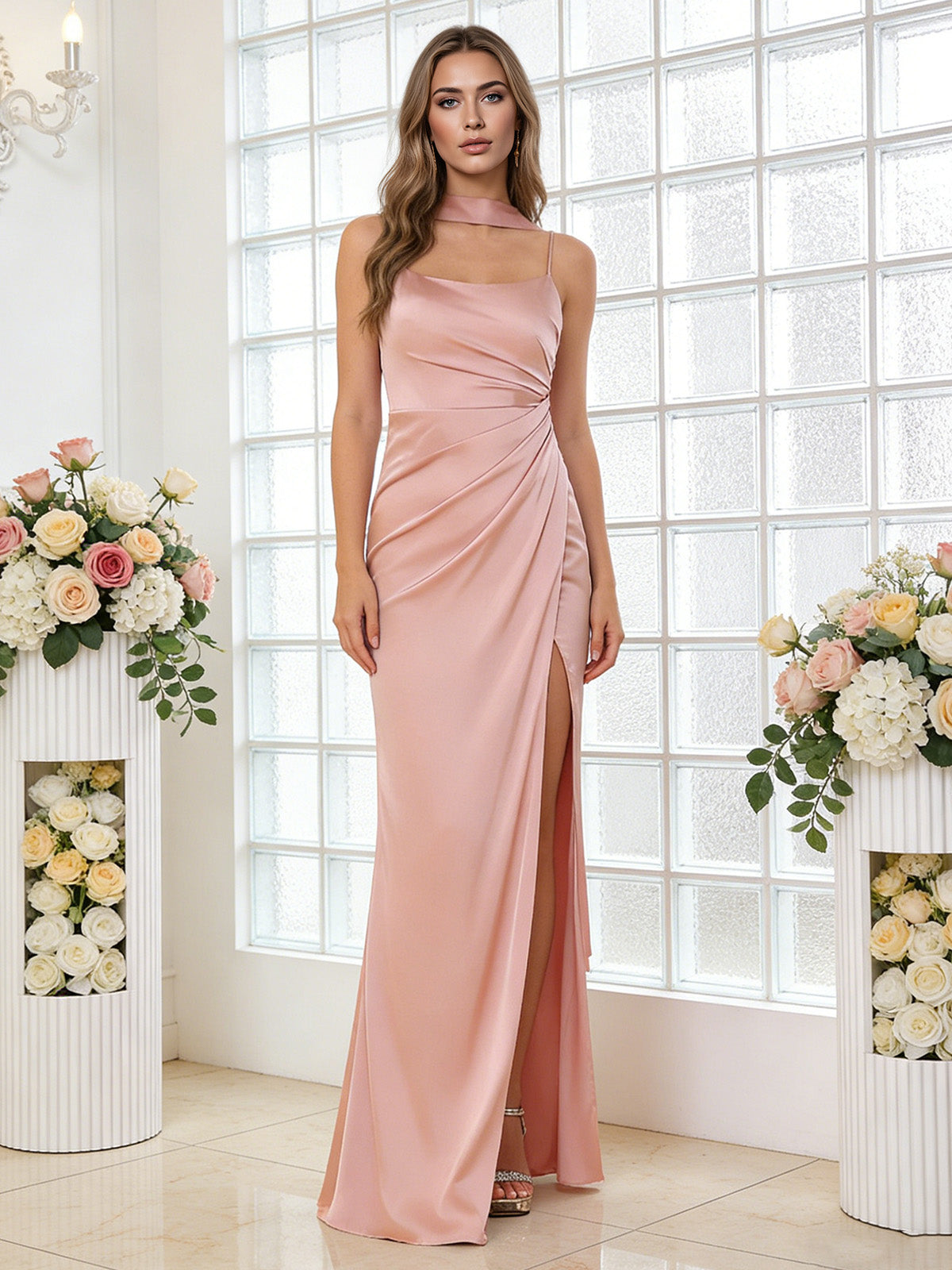 one shoulder satin bridesmaid dress with ruched draped skirt - image 2