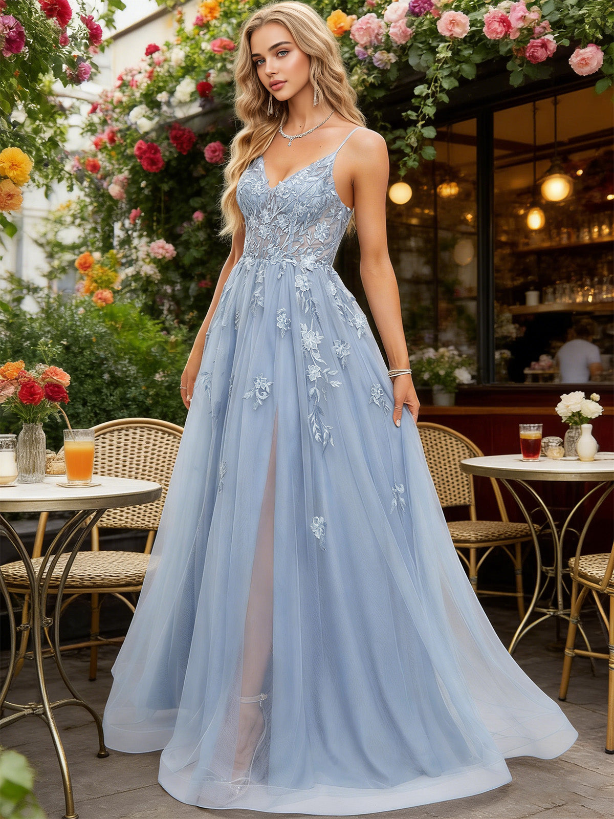 dusty blue beaded bodice tulle ball gown prom dress with spaghetti straps - image 2