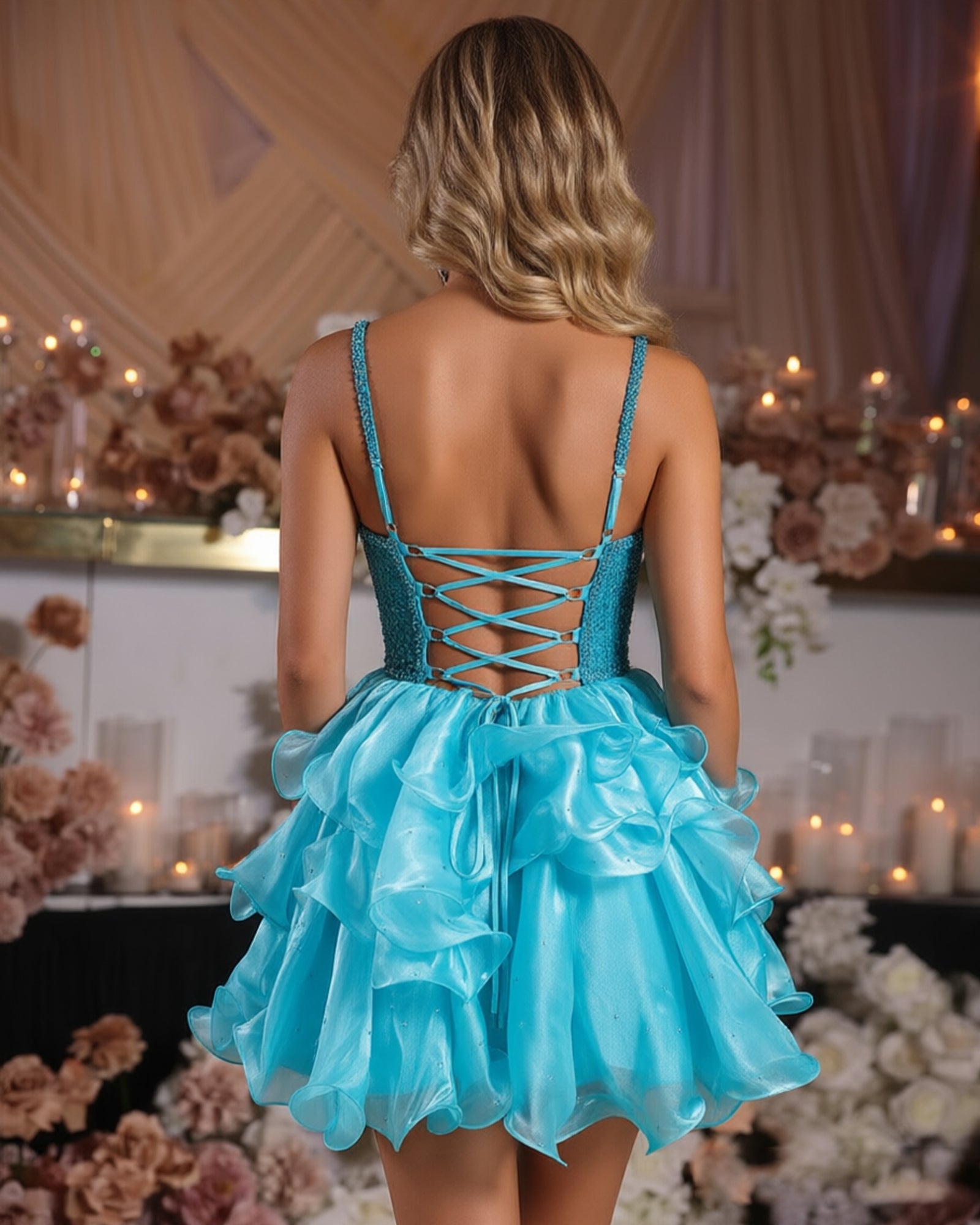 aqua sweetheart lace corset tiered organza short homecoming dress - image 2