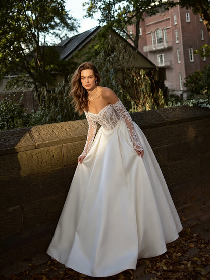 off shoulder lace ball gown wedding dress with long sleeve bodice - image 2