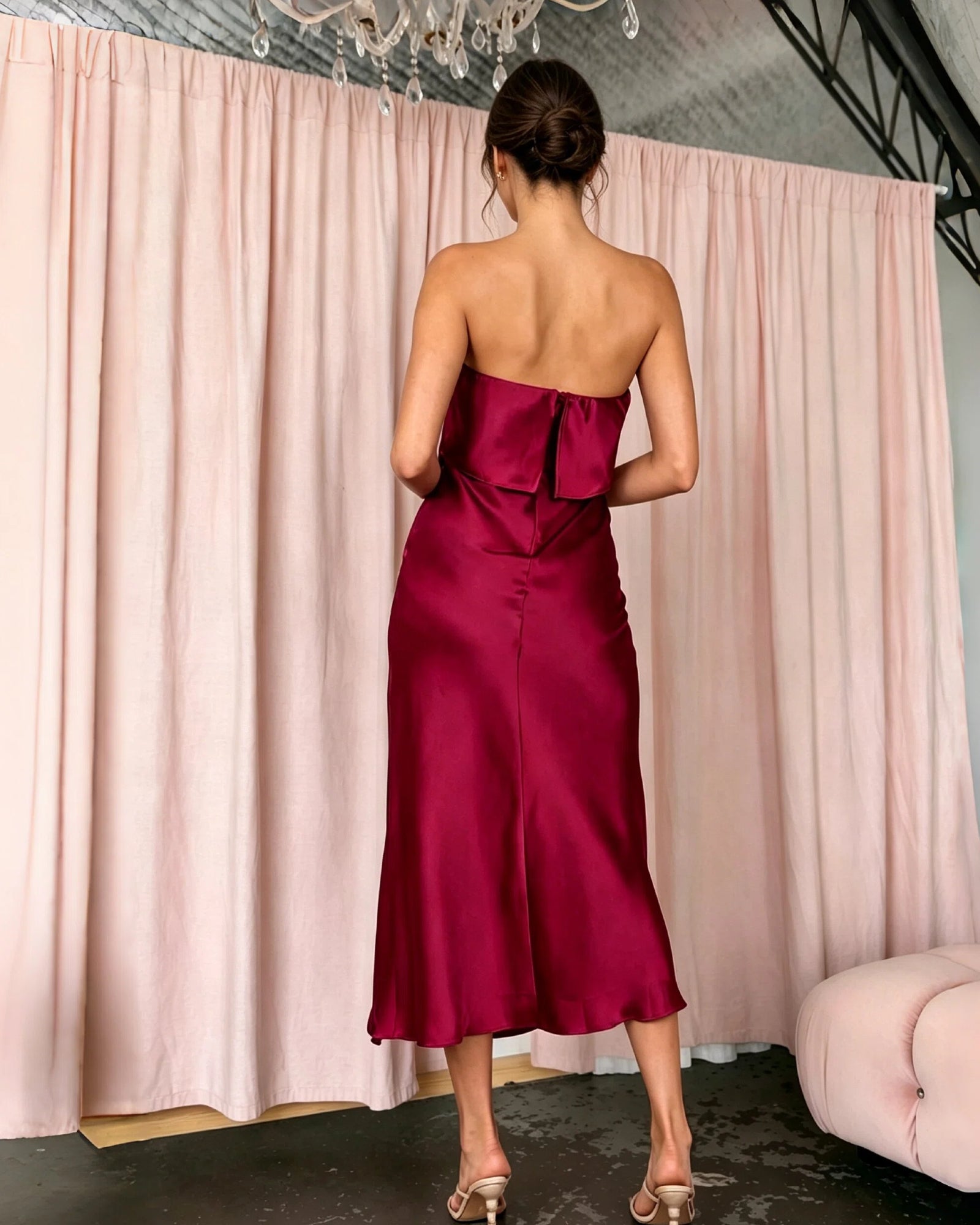 burgundy strapless ruffle overlay satin midi formal dress with side slit - back view - image 2