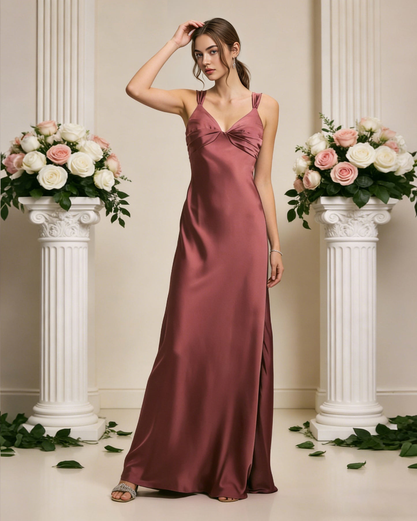 satin cowl neck bridesmaid dress with spaghetti straps and bias cut - image 3