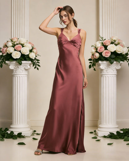 satin cowl neck bridesmaid dress with spaghetti straps and bias cut - image 3
