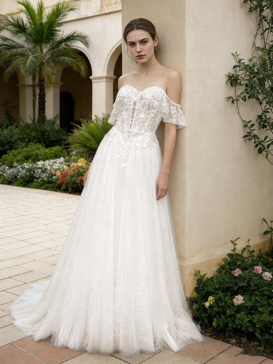 off shoulder lace tulle A-line wedding dress with flutter sleeve - image 2