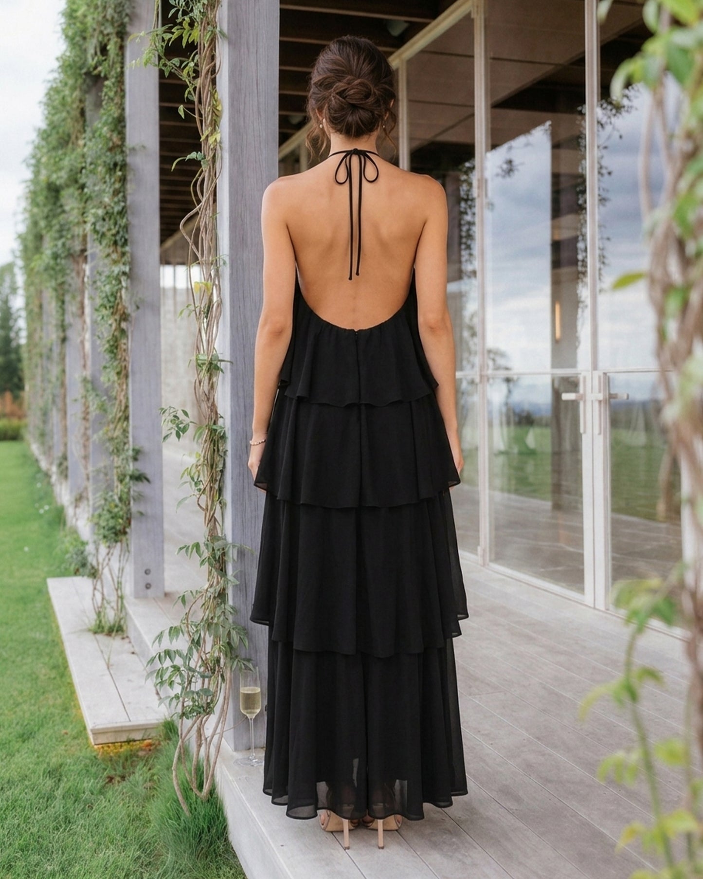 black halter neck tiered chiffon bridesmaid dress with ruffle overlay - image 2