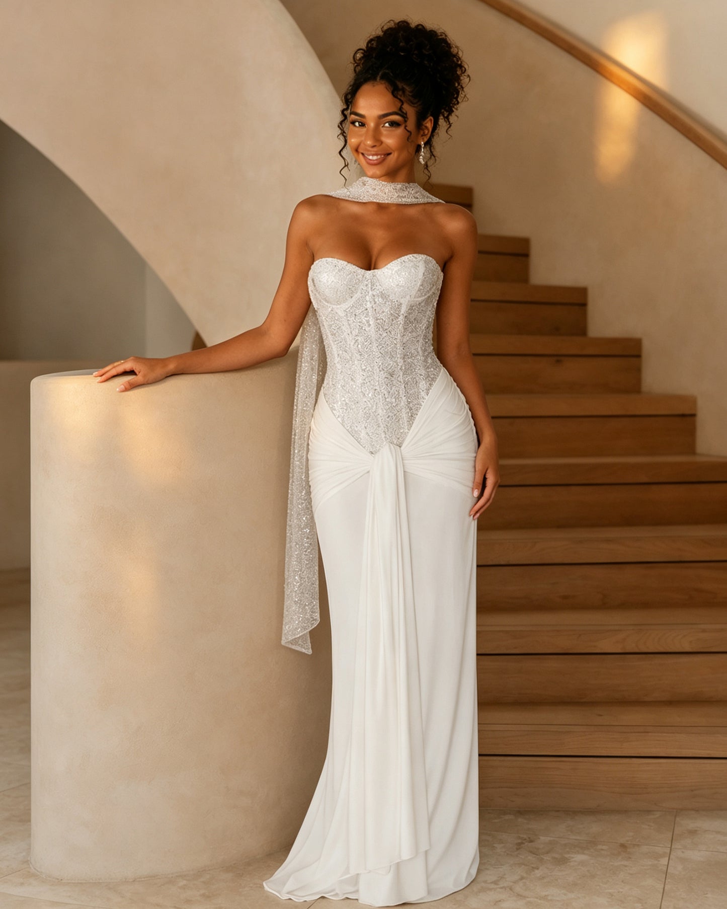 strapless sequin corset jersey prom dress with draped scarf detail - image 2