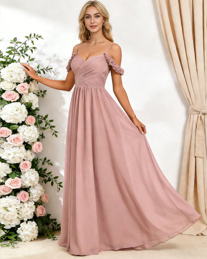 off shoulder lace applique bridesmaid dress with flowing chiffon dress - image 2
