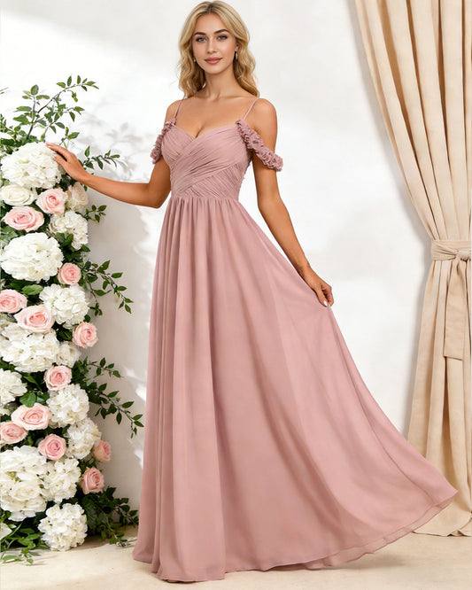 off shoulder lace applique bridesmaid dress with flowing chiffon dress - image 2