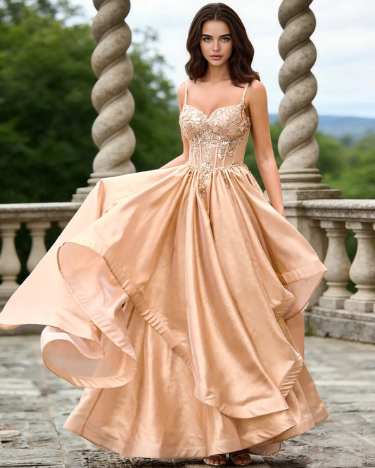 champagne sweetheart glitter tulle A-line prom dress with layered dress - image 2