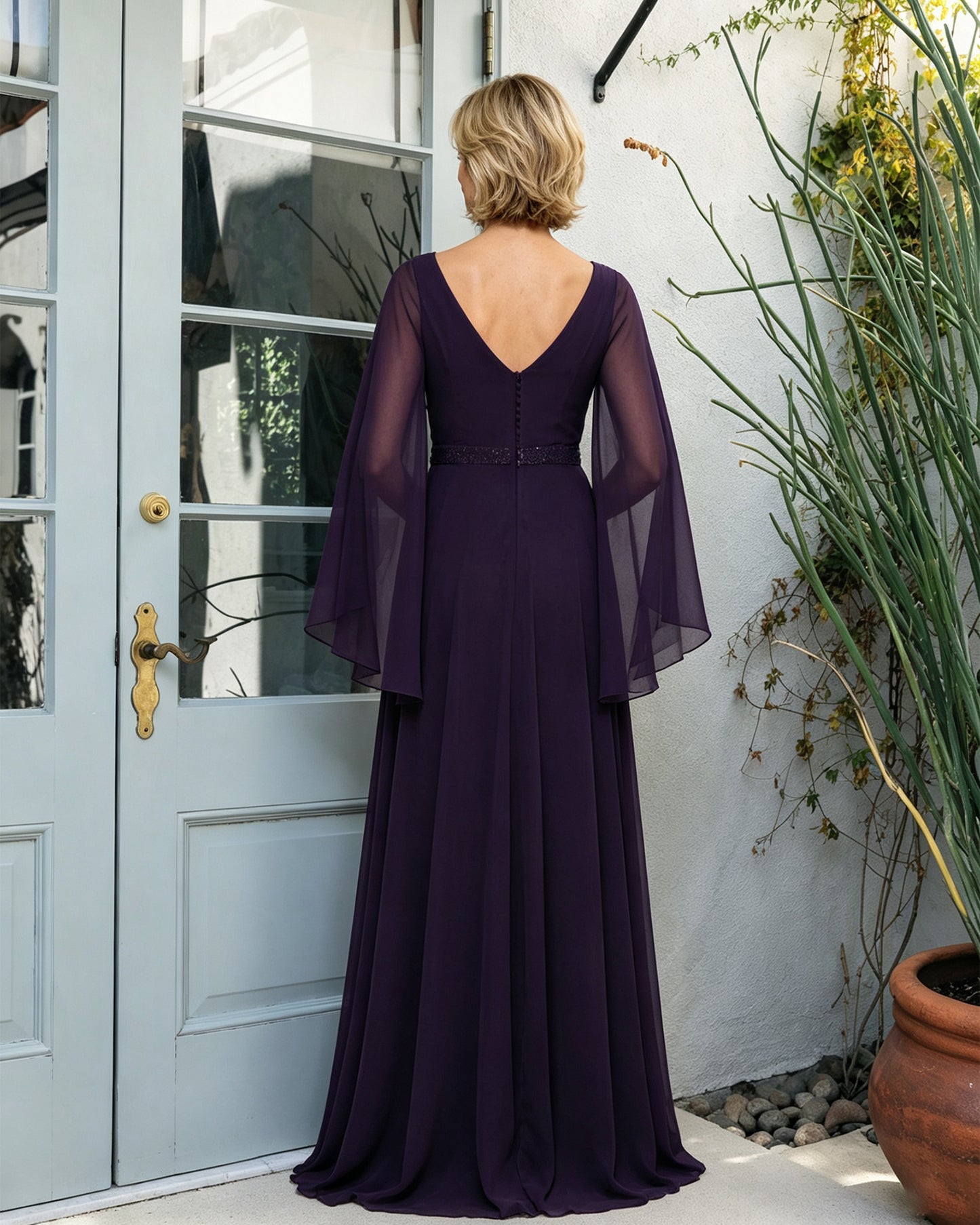 V-Neck Cape Sleeve Chiffon Mother of the Bride Dress with Beaded Belt - full back view with V-neckline