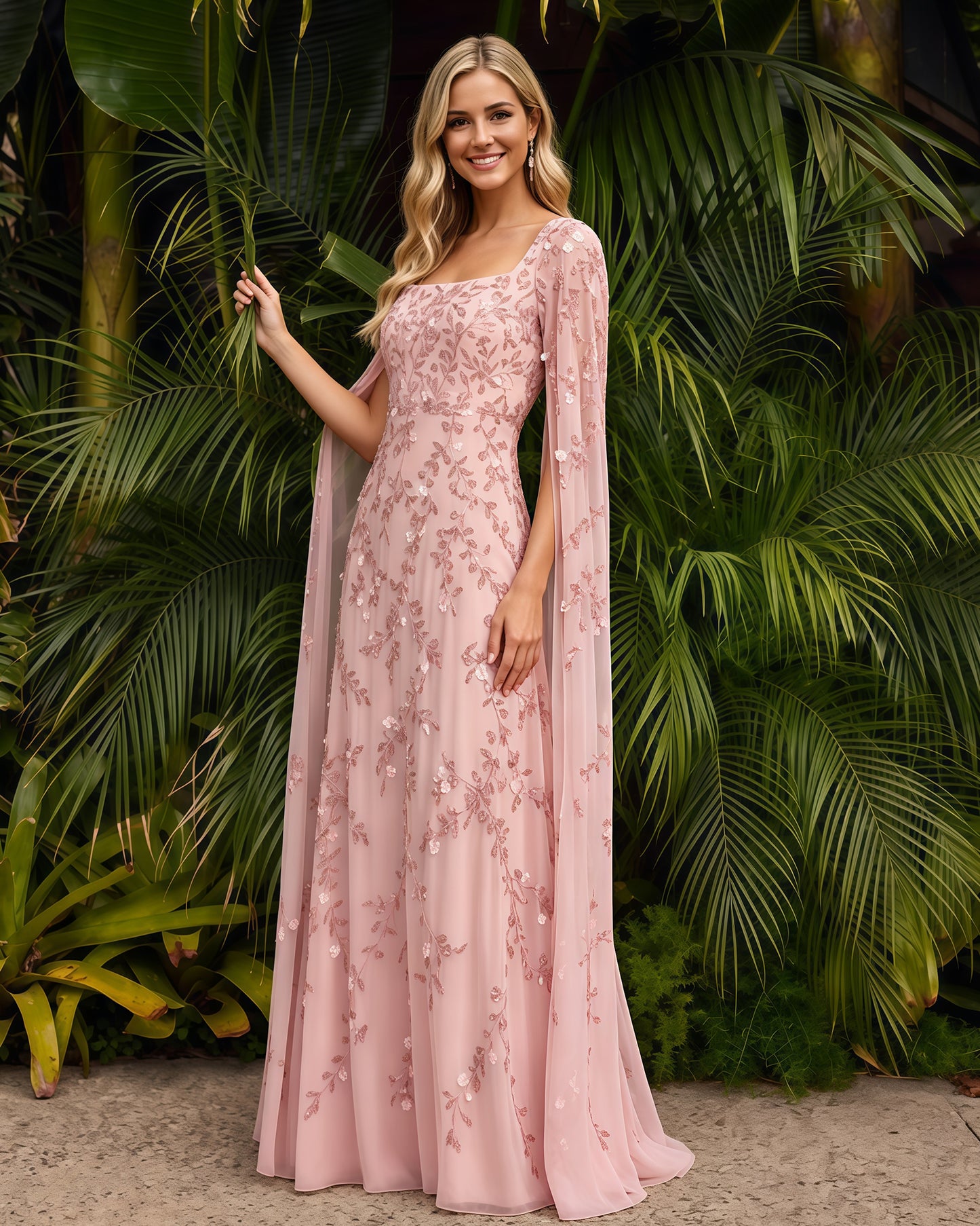 square-neck long-sleeve lace a-line formal dress - full-length view