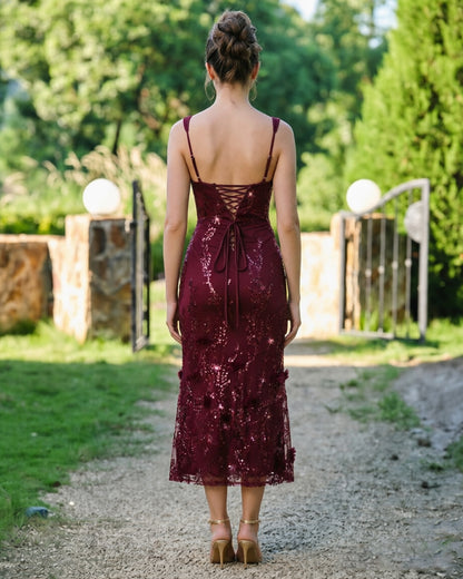 square neck sequin lace midi formal dress with floral applique - image 2