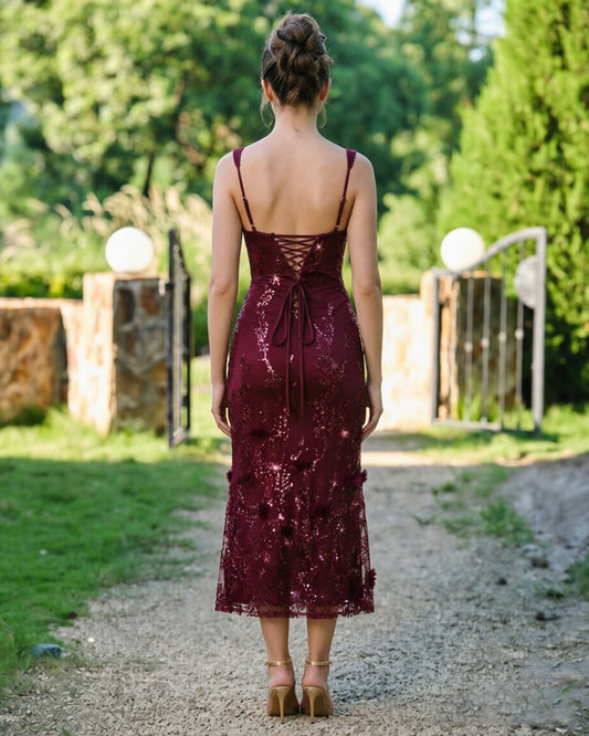 square neck sequin lace midi formal dress with floral applique - image 2