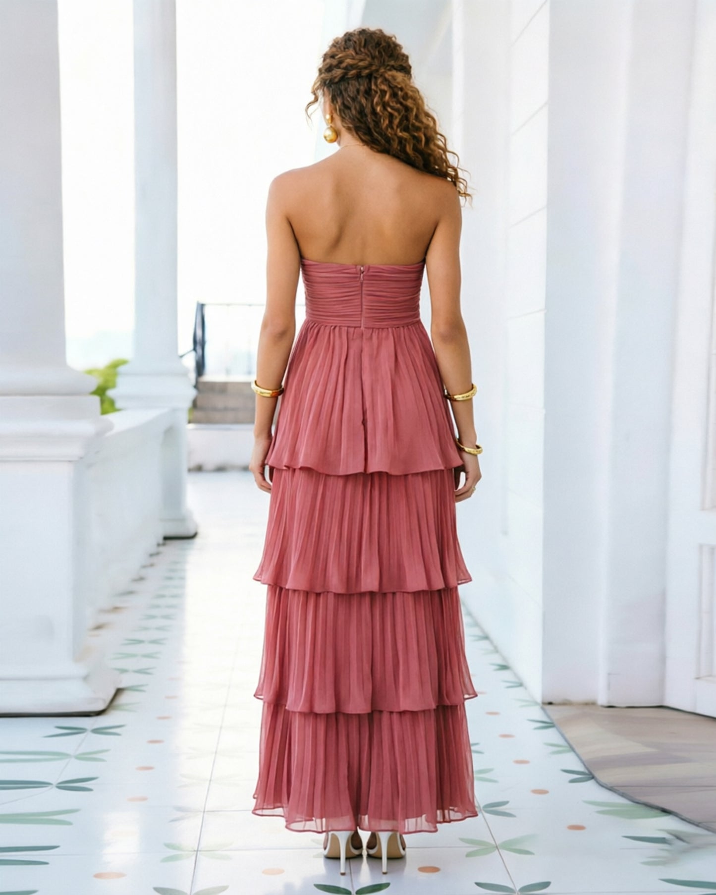 strapless tiered pleated formal dress with ruffle dress - image 2