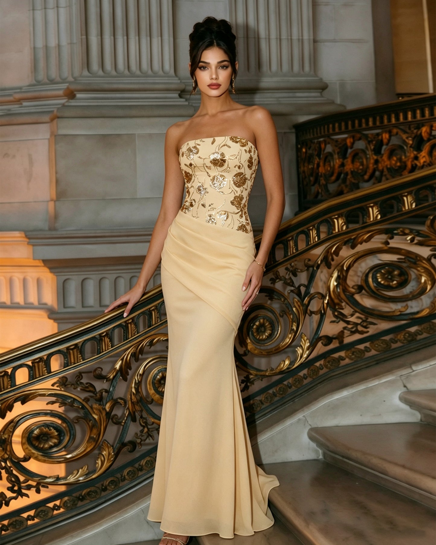 strapless embroidered column formal dress with draped hip - image 2