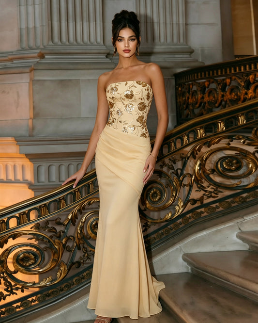 strapless embroidered column formal dress with draped hip - image 2