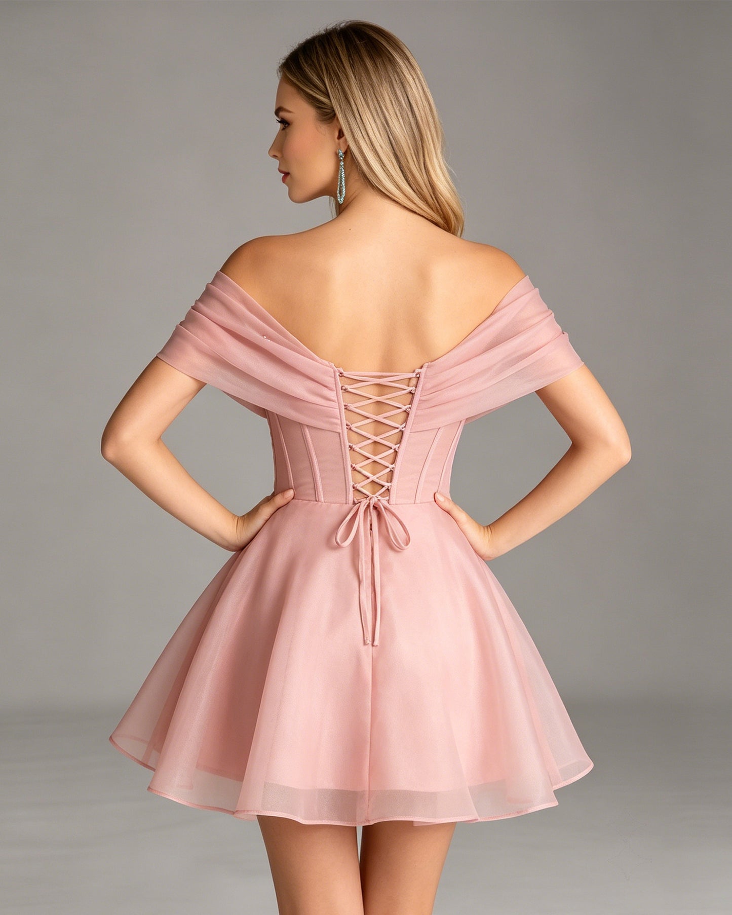 off shoulder pearl draped corset organza homecoming dress - view 2