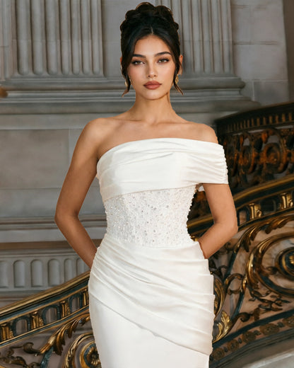 off shoulder fitted formal dress with beaded bodice and draped skirt - image 2