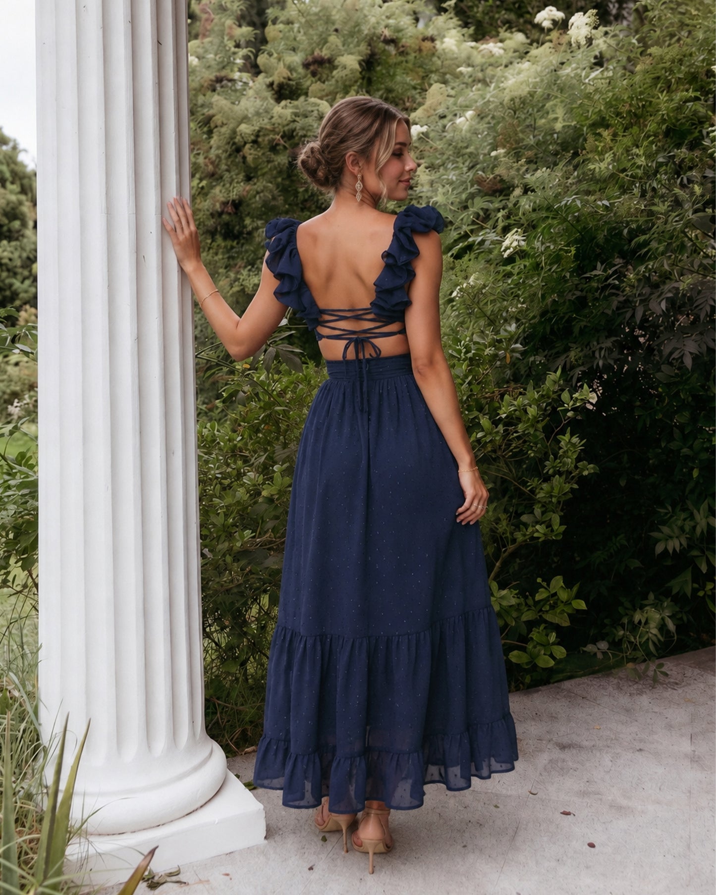 dark blue deep V-neck Swiss dot chiffon bridesmaid dress with ruffle straps - image 2