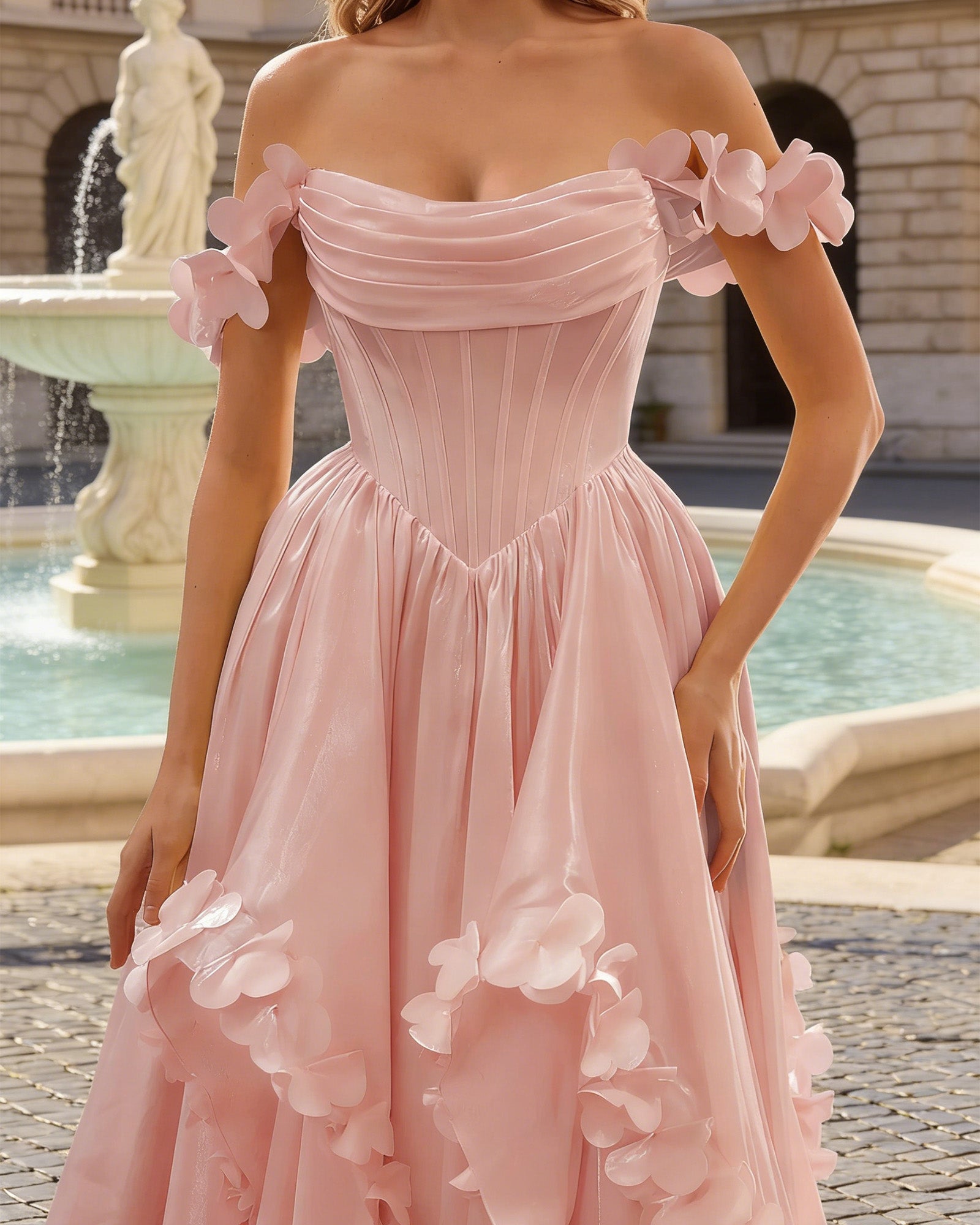 blush off shoulder ruffle tulle ball gown prom dress with floral applique - image 2