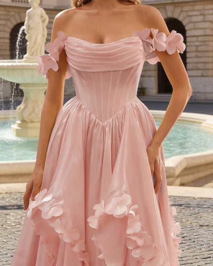 blush off shoulder ruffle tulle ball gown prom dress with floral applique - image 2