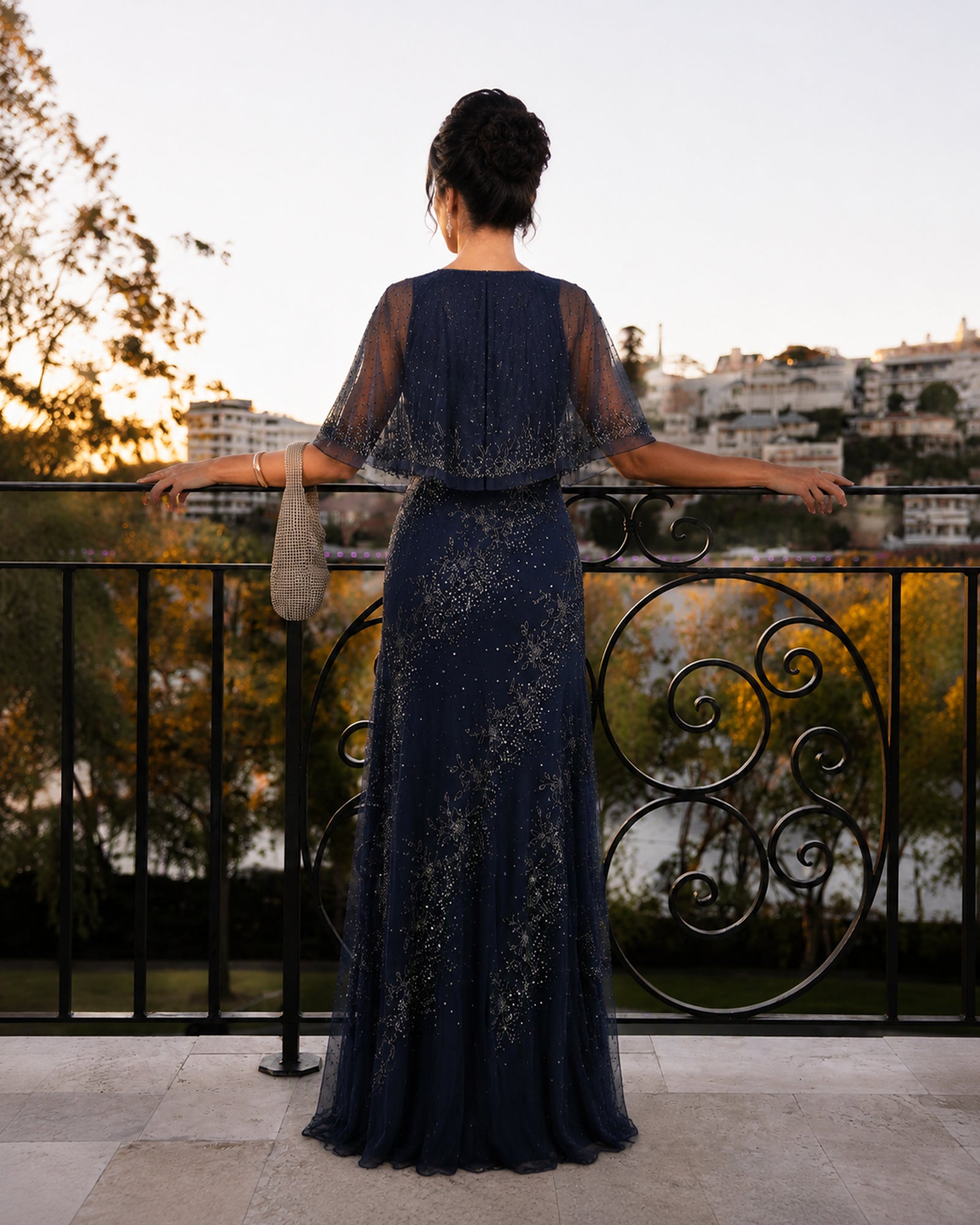 V-Neck Glitter Tulle Cape Sleeve Mother of the Bride Dress - full back view