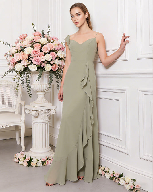 V-neck ruffle strap chiffon bridesmaid dress with cascading skirt - image 3