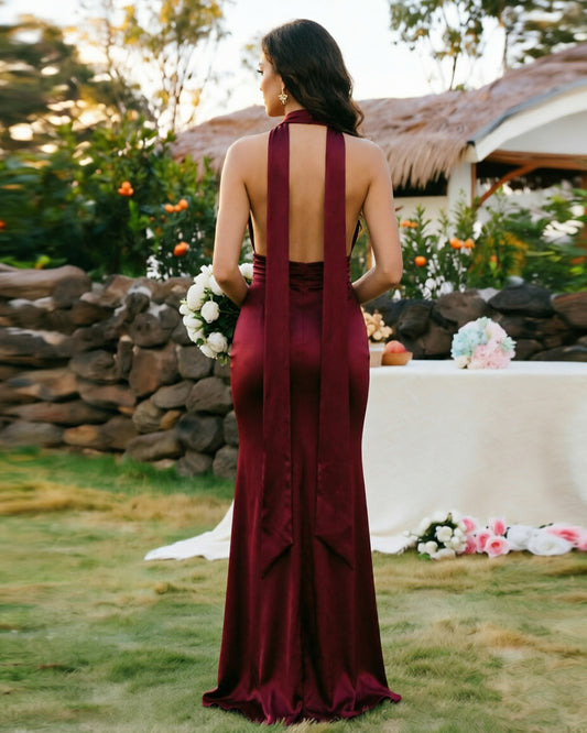 plunging halter satin formal dress with ruched waist - image 2