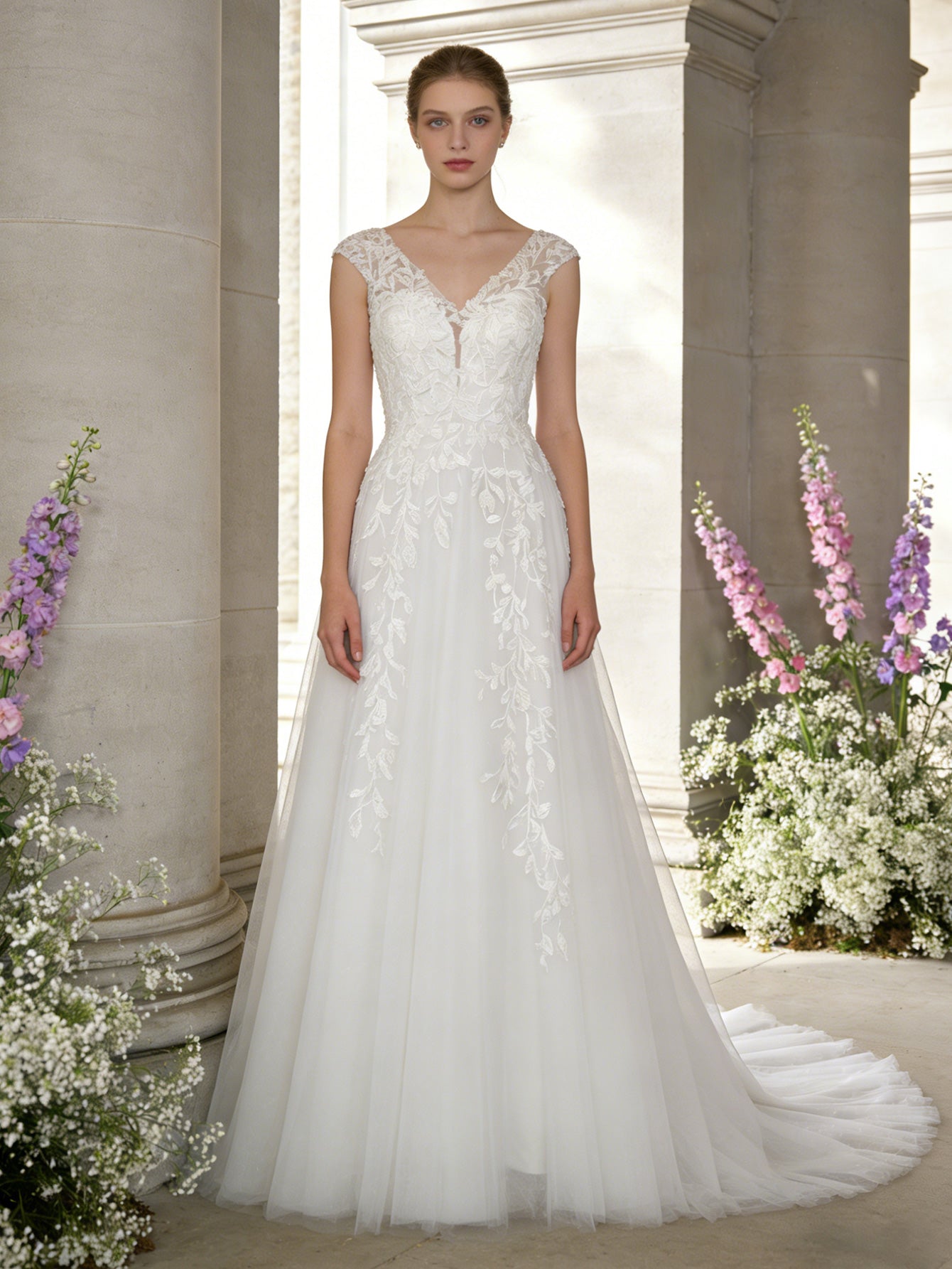 sleeveless V-neck lace sheath wedding dress with court train - image 2