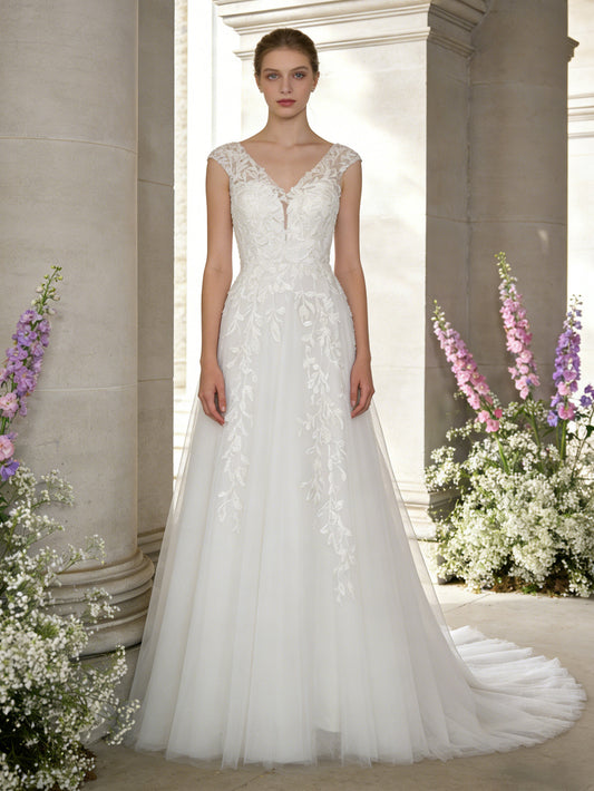 sleeveless V-neck lace sheath wedding dress with court train - image 2