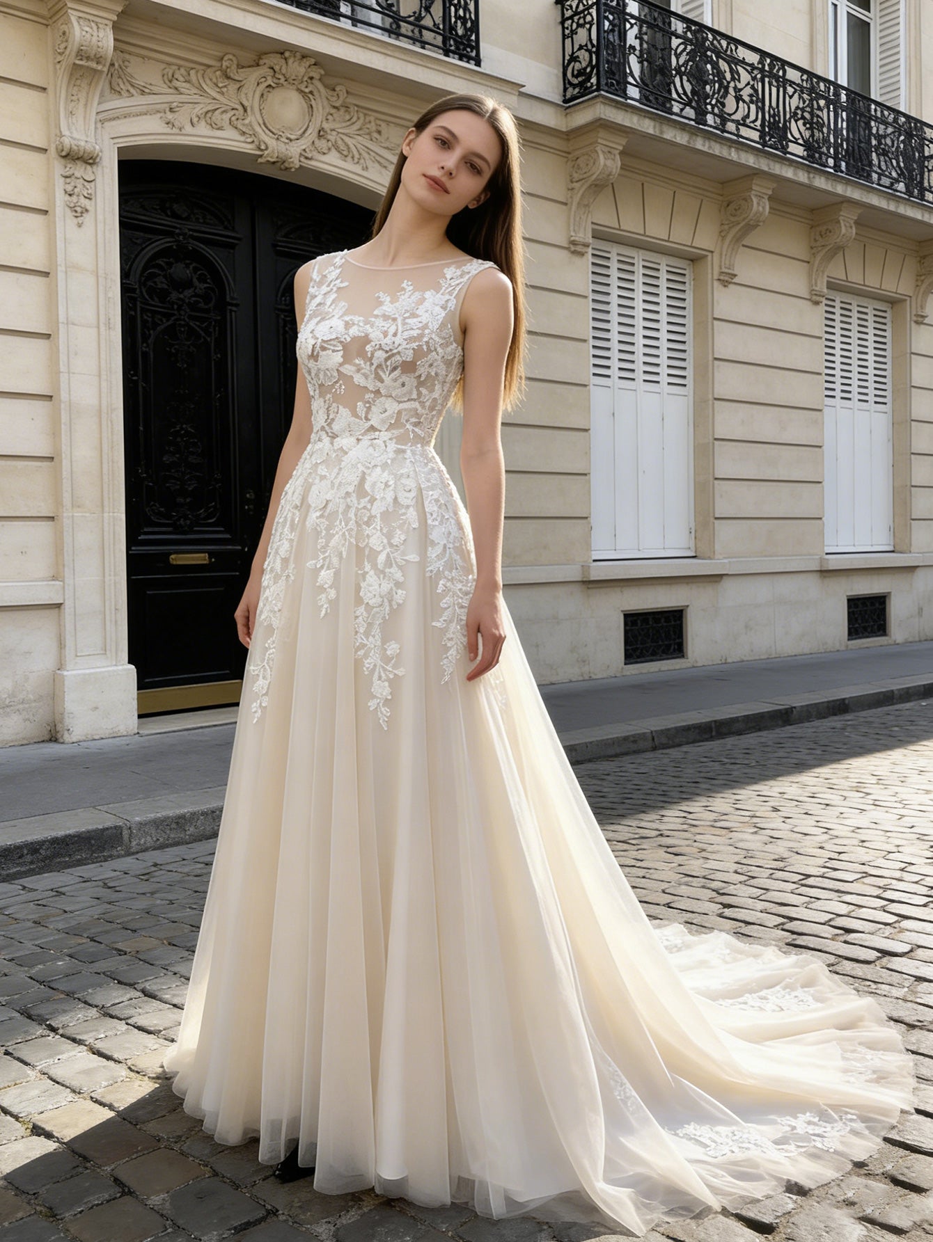 long sleeve lace A-line wedding dress with illusion neckline - image 2