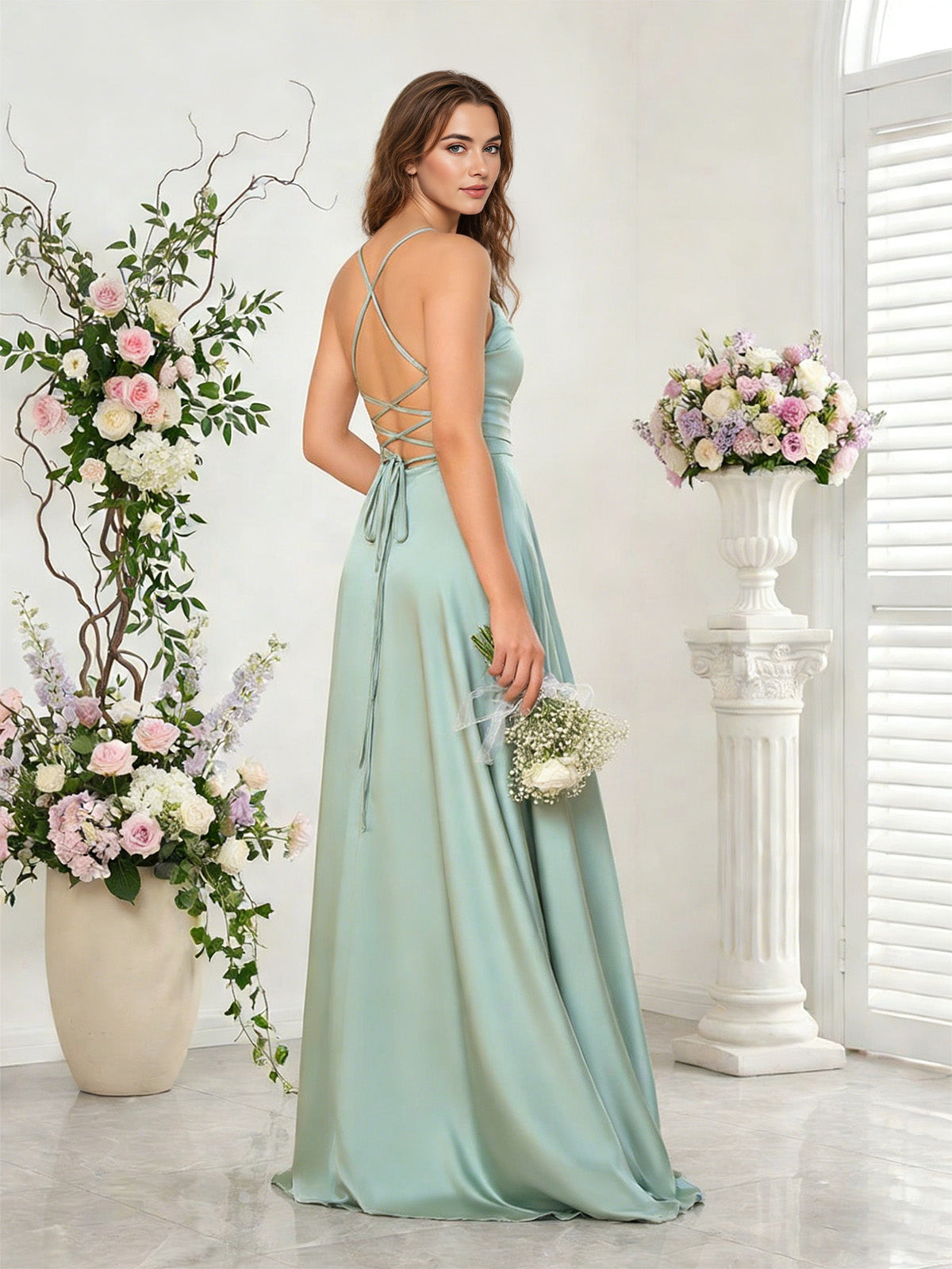 open back halter bridesmaid dress with high low overlay dress - image 2