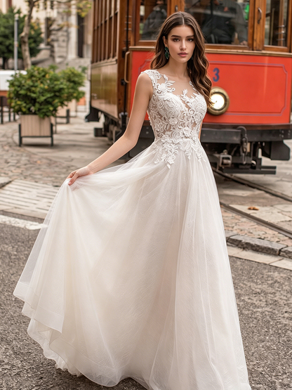 V-neck lace tulle A-line wedding dress with spaghetti straps - image 2