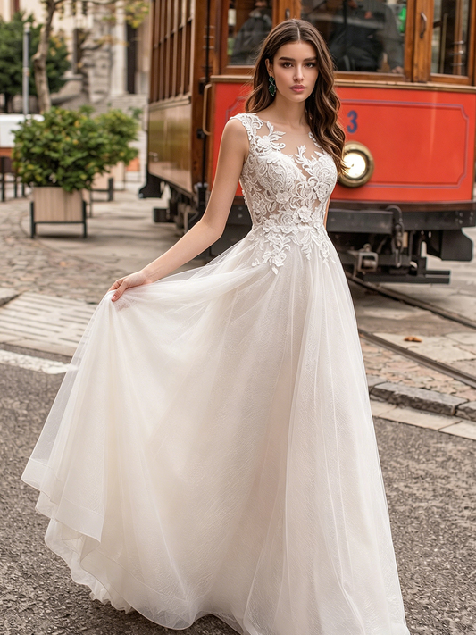 V-neck lace tulle A-line wedding dress with spaghetti straps - image 2