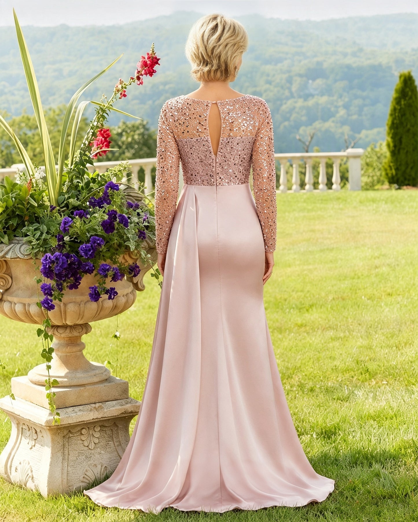 Illusion Lace Long Sleeve Mermaid Mother of the Bride Dress - back view with keyhole detail