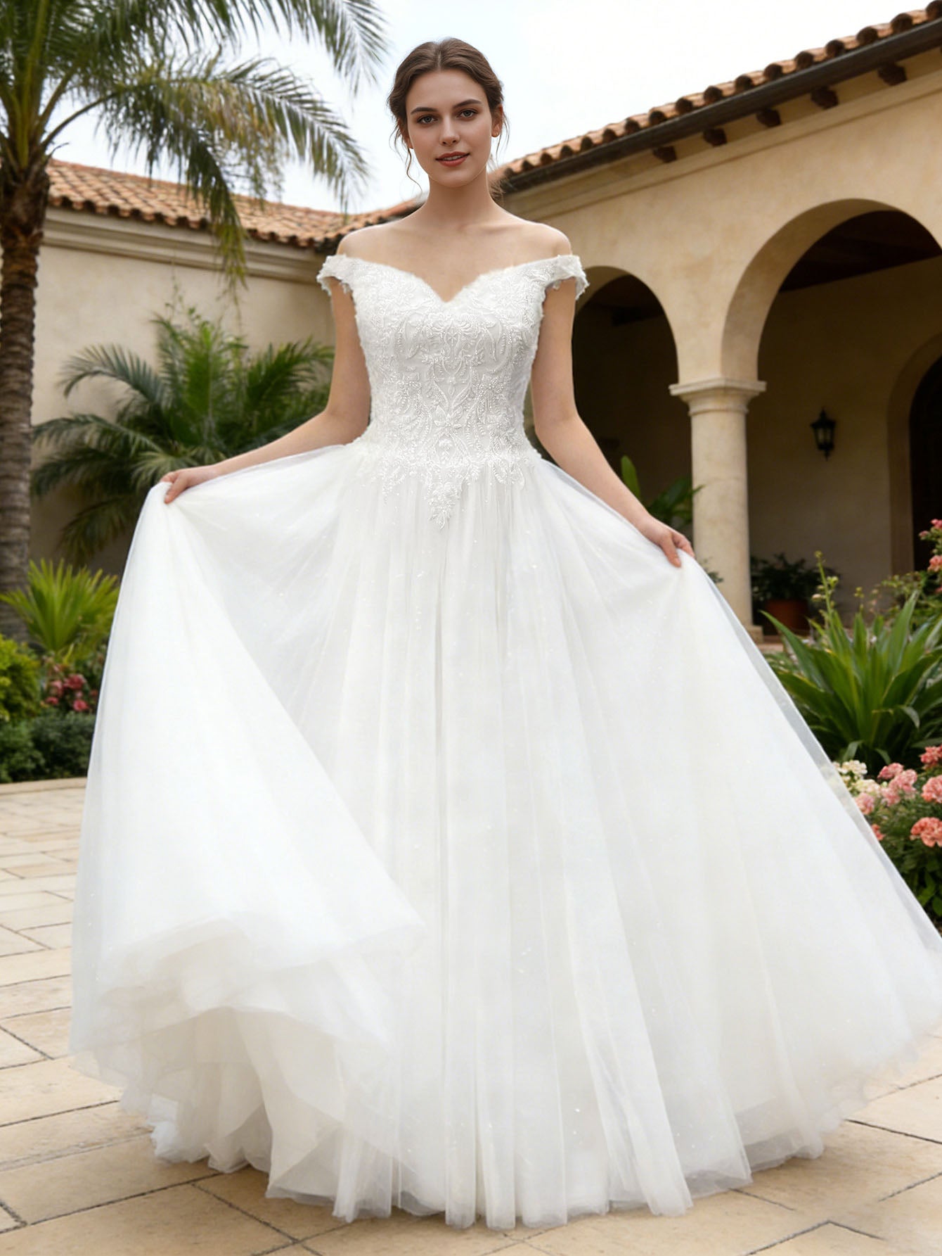 off shoulder lace tulle A-line wedding dress with sweetheart bodice - image 2
