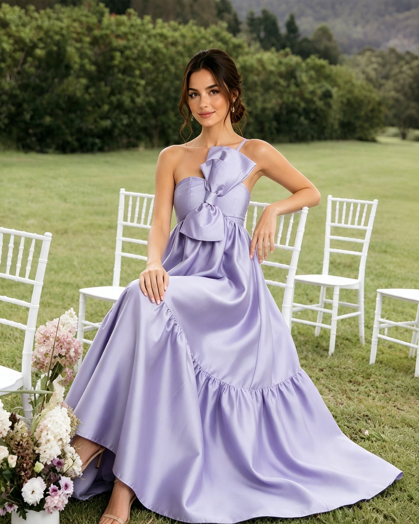 one-shoulder satin a-line bridesmaid dress with statement ruffle - seated ruffle detail view